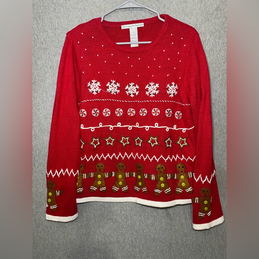 Carly St Claire Christmas Sweater Snowflake Gingerbread Man Pullover Bead Size L
